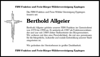 Traueranzeige von Berthold Allgeier 