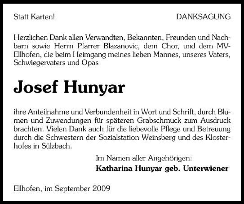  Traueranzeige für Josef Hunyar vom 26.09.2009 aus 
