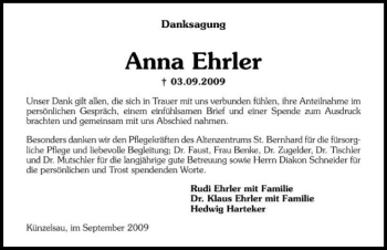 Traueranzeige von Anna Ehrler 