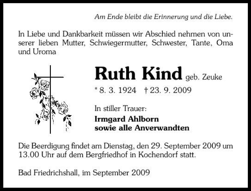  Traueranzeige für Ruth Kind vom 26.09.2009 aus 