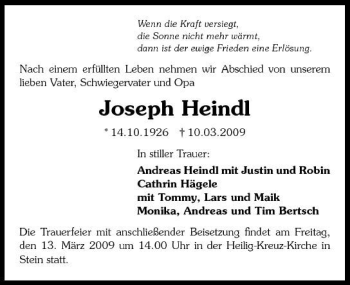 Traueranzeige von Josef Heindl 