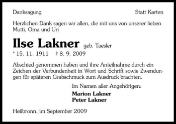 Traueranzeige von Ilse Lakner 