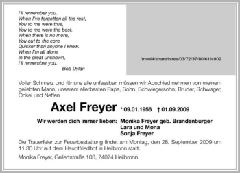 Traueranzeige von Axel Freyer 