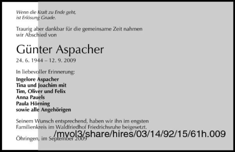  Traueranzeige für Günter Aspacher vom 26.09.2009 aus 
