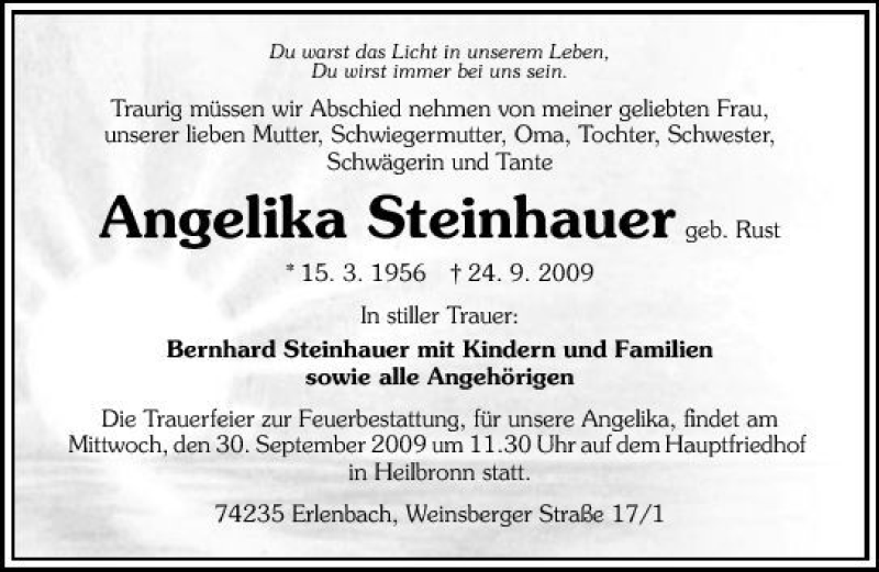  Traueranzeige für Angelika Steinhauer vom 28.09.2009 aus 