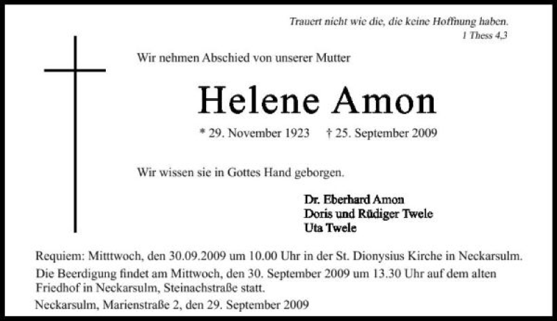  Traueranzeige für Helene Amon vom 29.09.2009 aus 