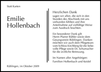 Traueranzeige von Emilie Hollenbach 
