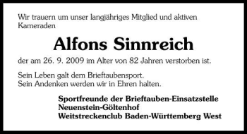 Traueranzeige von Alfons Sinnreich 