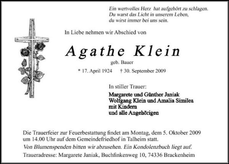  Traueranzeige für Agathe Klein vom 02.10.2009 aus 