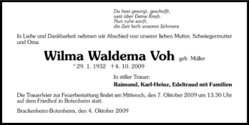 Traueranzeige von Wilma Waldema Voh 