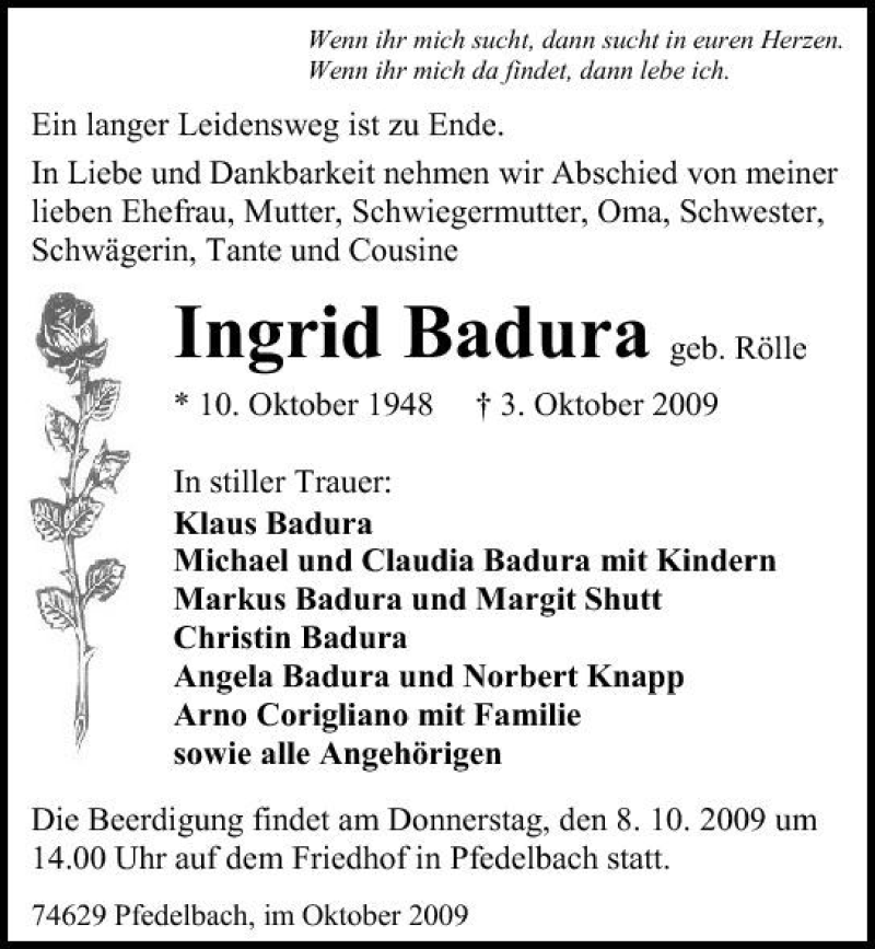  Traueranzeige für Ingrid Badura vom 06.10.2009 aus 