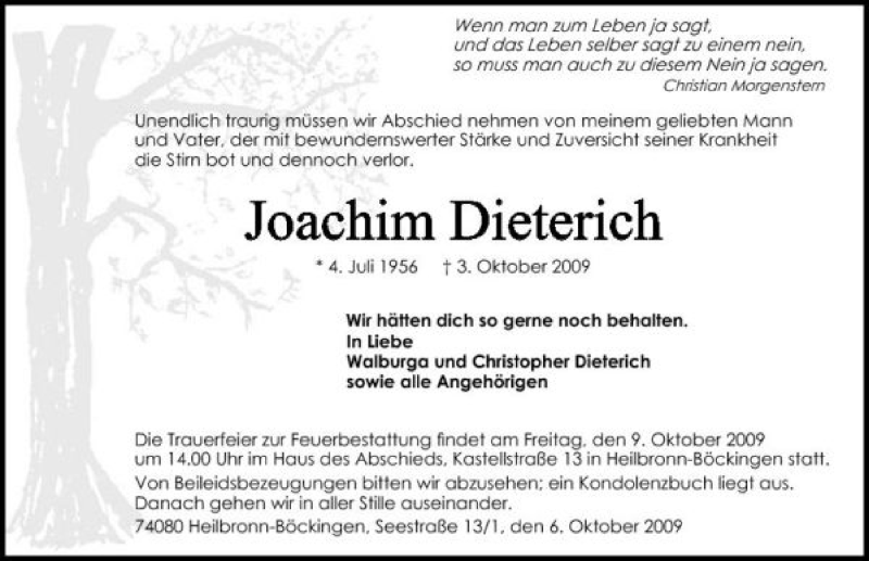  Traueranzeige für Joachim Dieterich vom 06.10.2009 aus 