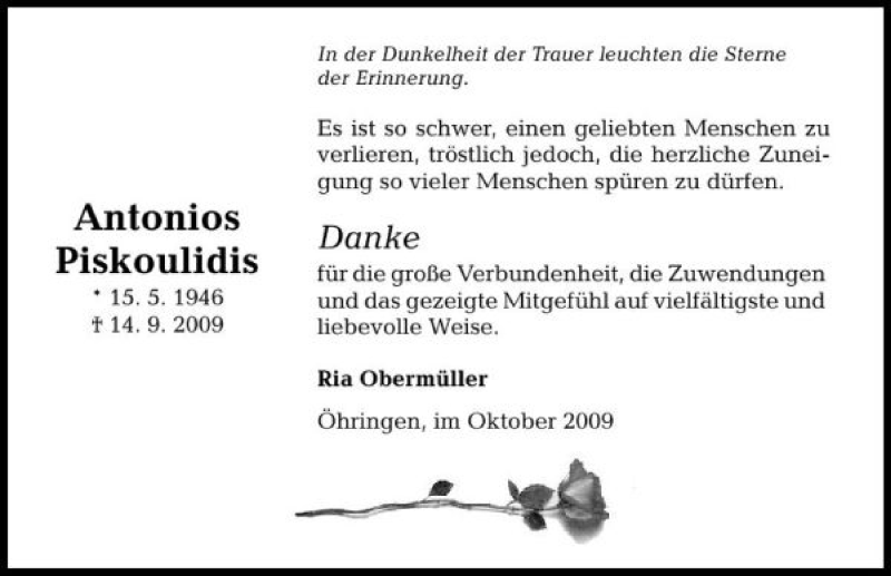  Traueranzeige für Antonio Piskoulidis vom 10.10.2009 aus 
