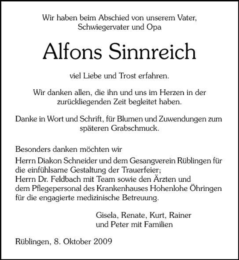  Traueranzeige für Alfons Sinnreich vom 08.10.2009 aus 