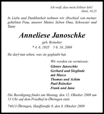 Traueranzeige von Anneliese Janoschke 