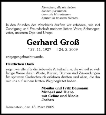 Traueranzeige von Gerhard Groß 