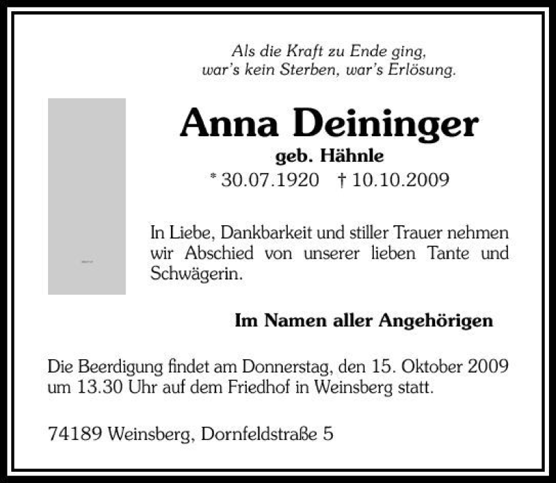  Traueranzeige für Anna Deininger vom 12.10.2009 aus 