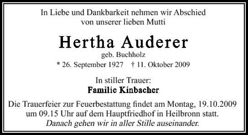  Traueranzeige für Hertha Auderer vom 16.10.2009 aus 