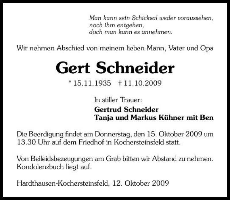  Traueranzeige für Gert Schneider vom 14.10.2009 aus 