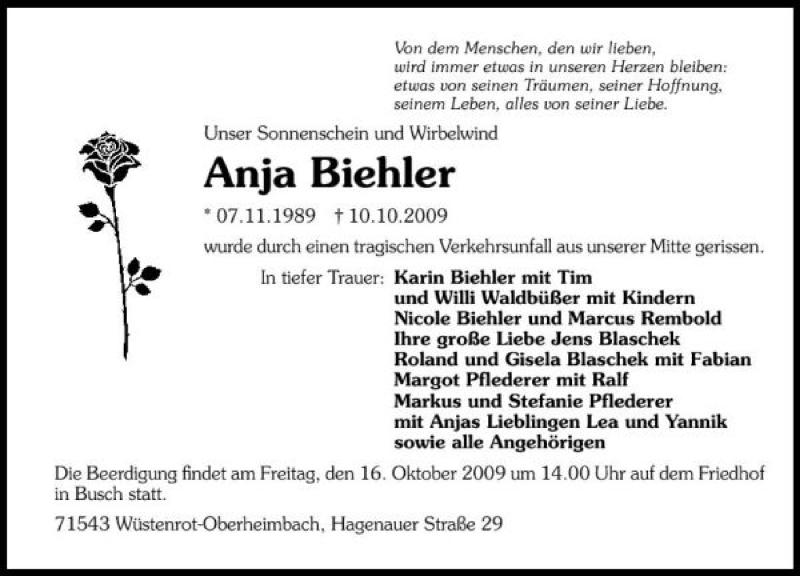  Traueranzeige für Anja Biehler vom 14.10.2009 aus 