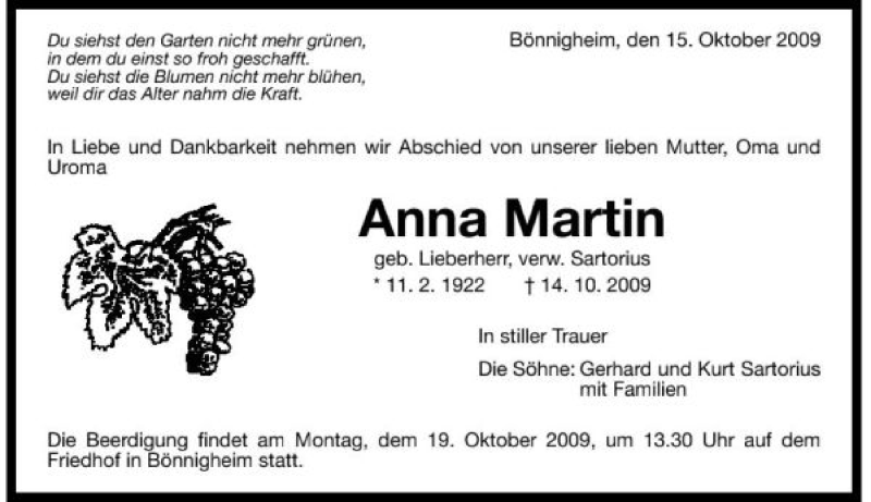  Traueranzeige für Anna Martin vom 15.10.2009 aus 