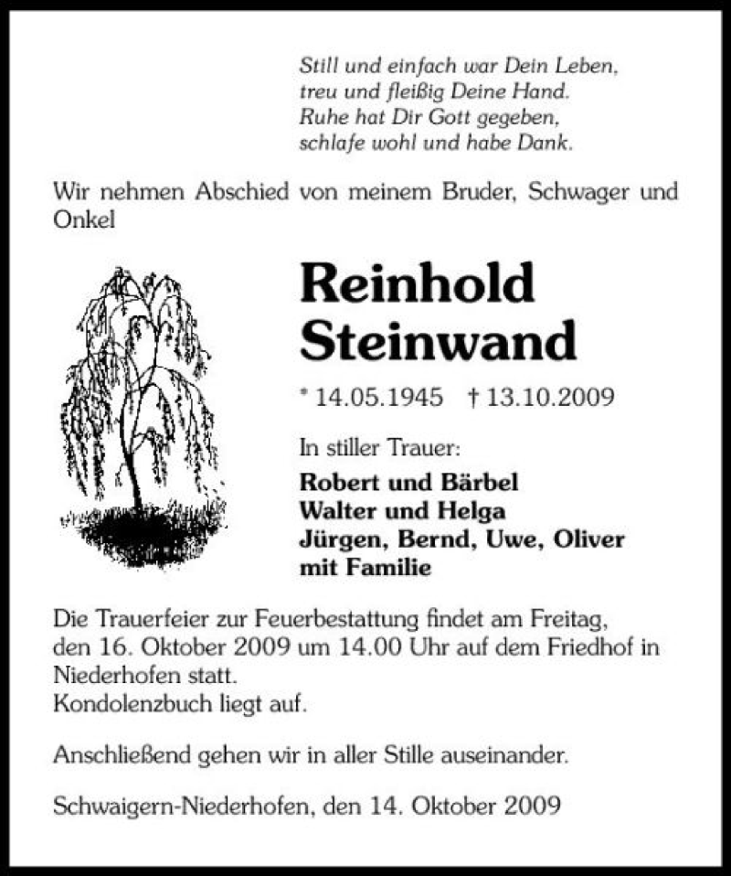  Traueranzeige für Reinhold Steinwand vom 15.10.2009 aus 