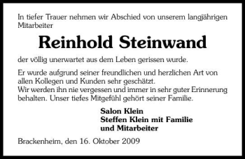 Traueranzeige von Reinhold Steinwand 