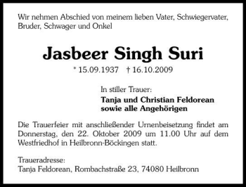 Traueranzeige von Jasbeer Singh Suri 