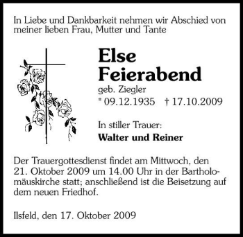 Traueranzeige von Else Feierabend 