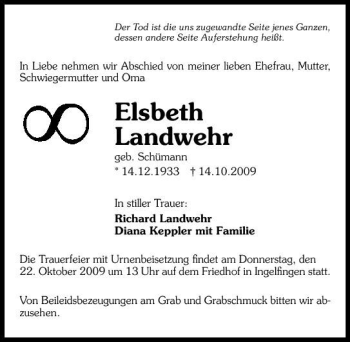 Traueranzeige von Elsbeth Landwehr 