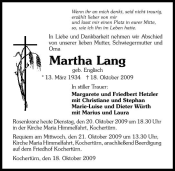 Traueranzeige von Martha Lang 