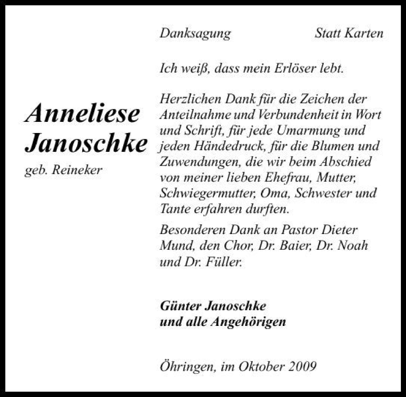  Traueranzeige für Anneliese Janoschke vom 23.10.2009 aus 