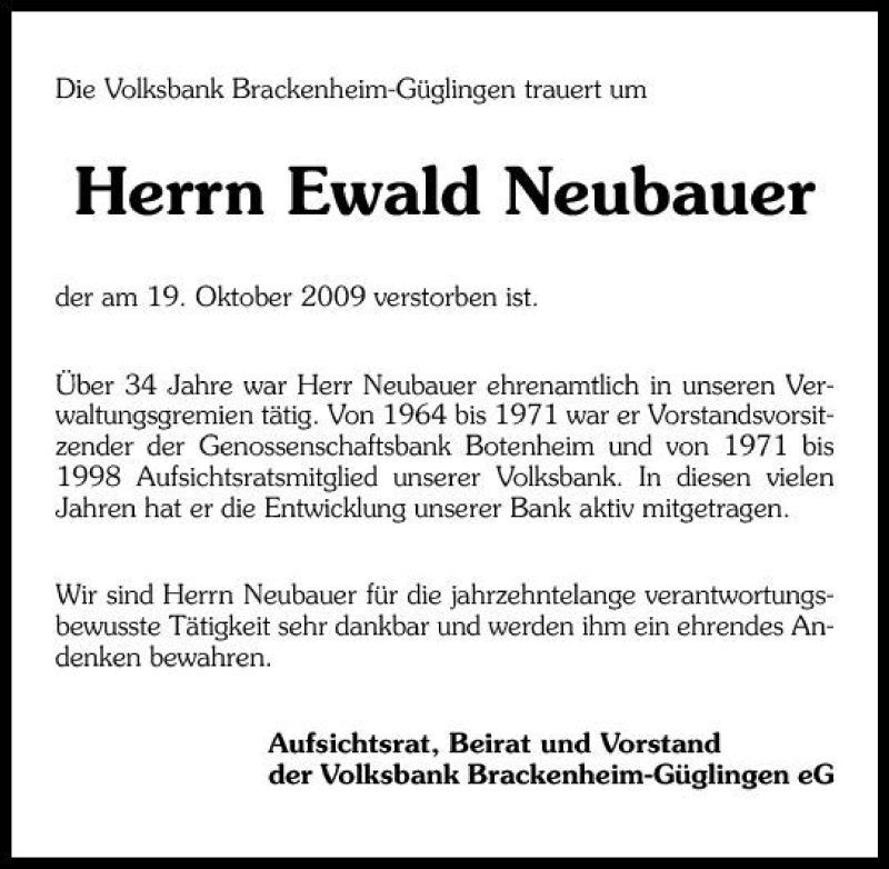  Traueranzeige für Ewald Neubauer vom 22.10.2009 aus 