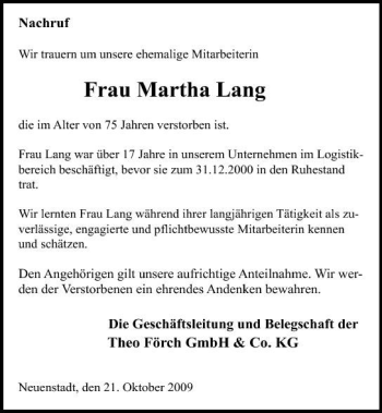 Traueranzeige von Martha Lang 