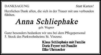Traueranzeige von Anna Schliephake 