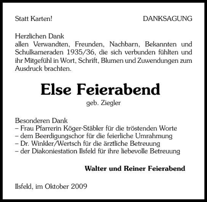  Traueranzeige für Else Feierabend vom 29.10.2009 aus 