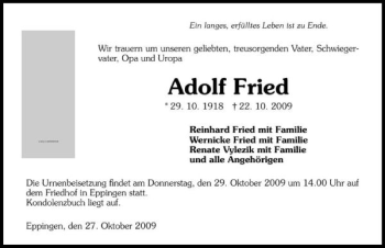 Traueranzeige von Adolf Fried 