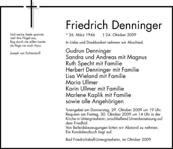 Traueranzeige von Friedrich Denninger 
