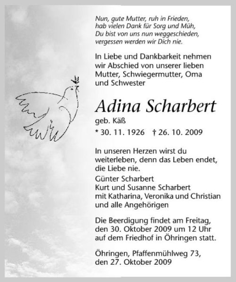  Traueranzeige für Adina Scharbert vom 28.10.2009 aus 