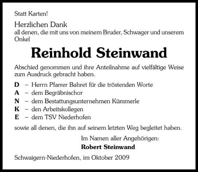  Traueranzeige für Reinhold Steinwand vom 29.10.2009 aus 