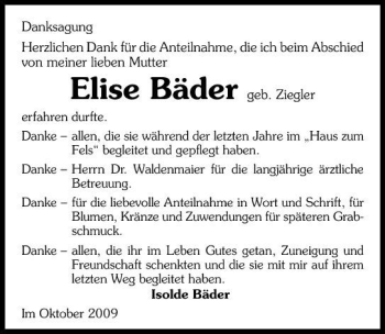 Traueranzeige von Elise Bäder 