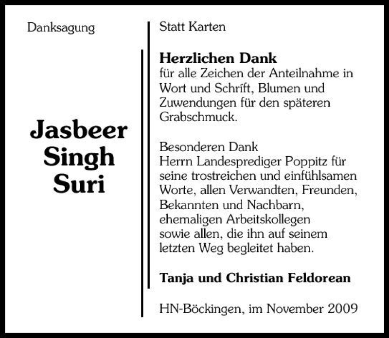  Traueranzeige für Jasbeer Singh suri vom 02.11.2009 aus 