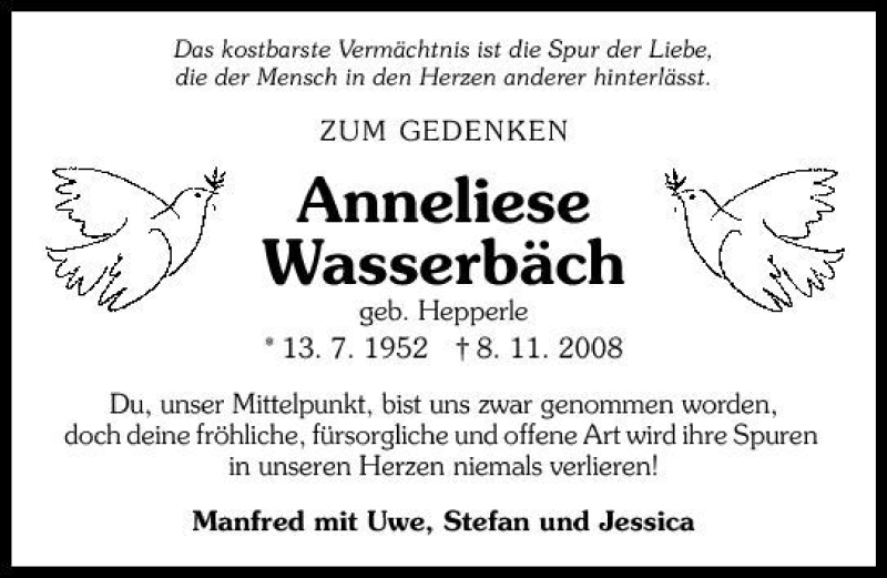  Traueranzeige für Anneliese Wasserbäch vom 07.11.2009 aus 