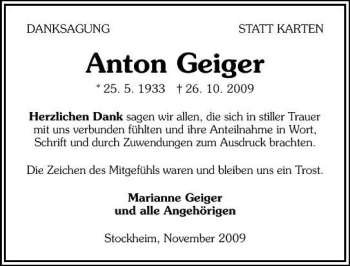 Traueranzeige von Anton Geiger 
