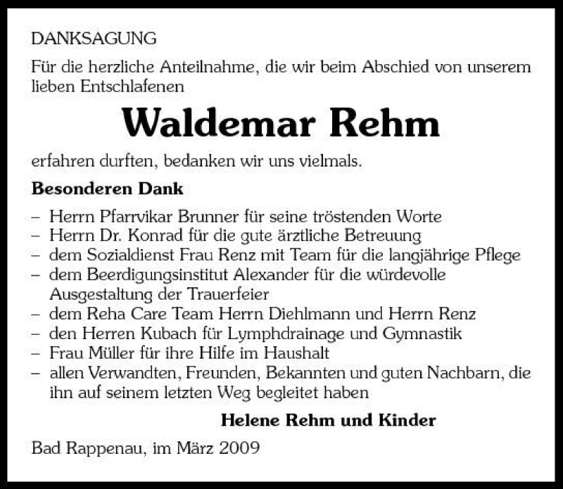  Traueranzeige für Waldemar Rehm vom 16.03.2009 aus 
