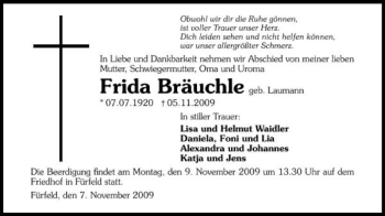 Traueranzeige von Frida Bräuchle geb. Laumann 