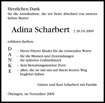 Traueranzeige von Adina Scharbert 
