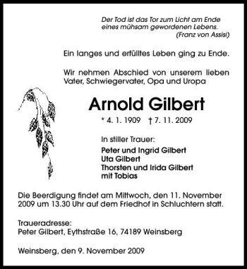 Traueranzeige von Arnold Gilbert 
