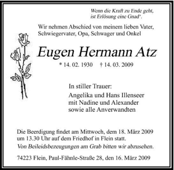 Traueranzeige von Eugen Hermann Atz 