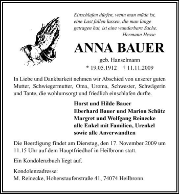 Traueranzeige von Anna Bauer 